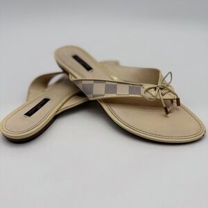 Louis Vuitton Damier Azur Thong Sandals Cream Leather Bow Size38.5 Womens 8.5